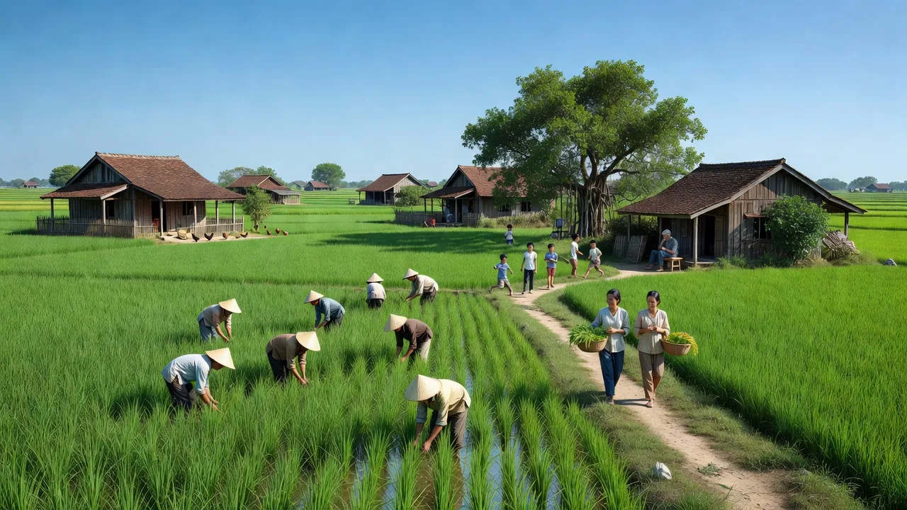 Khung cảnh xã Xuân Phúc, huyện Xuân Trường, tỉnh Nam Định với cánh đồng xanh và nhà truyền thống.