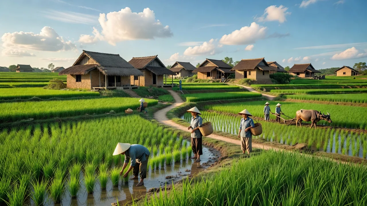 Cảnh đồng quê Xã Xuân Tân, Huyện Xuân Trường, Nam Định với ruộng xanh và nhà truyền thống.