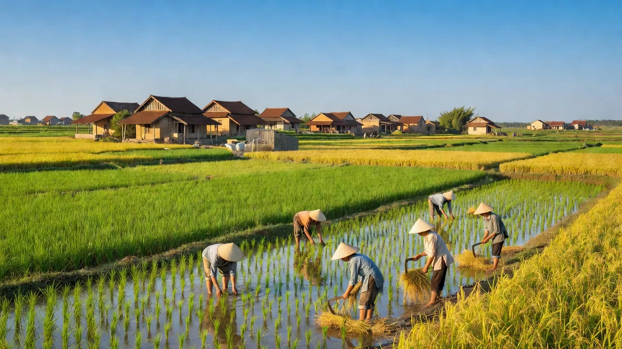Cảnh quan xã Xuân Tân, huyện Xuân Trường, tỉnh Nam Định với cánh đồng và nhà truyền thống.