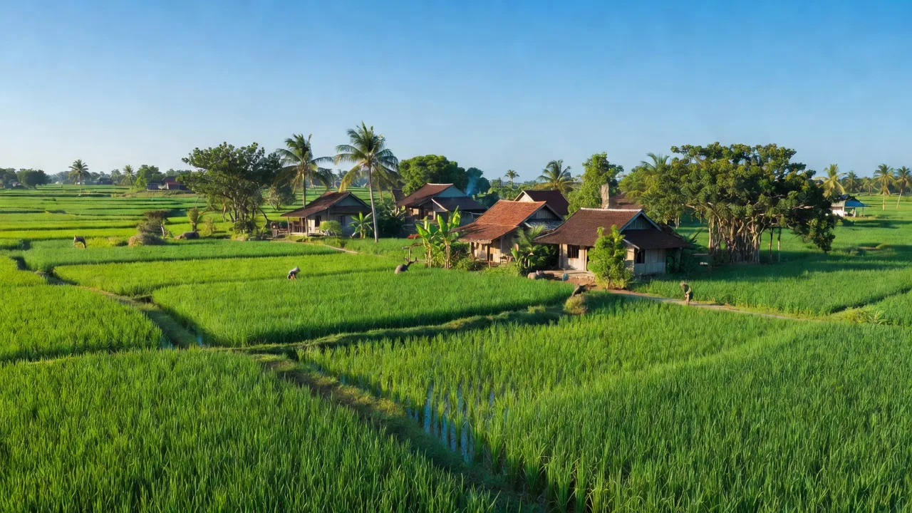 Cảnh đẹp xã Xuân Thành, huyện Xuân Trường, tỉnh Nam Định với cánh đồng xanh tươi và bầu trời trong xanh.