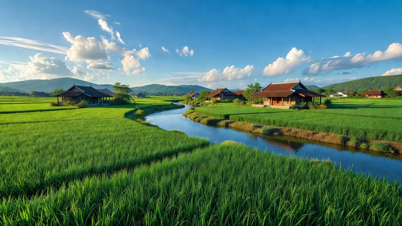 Cảnh quan Xuân Thành, huyện Xuân Trường, tỉnh Nam Định với đồng lúa xanh tươi và nhà truyền thống.