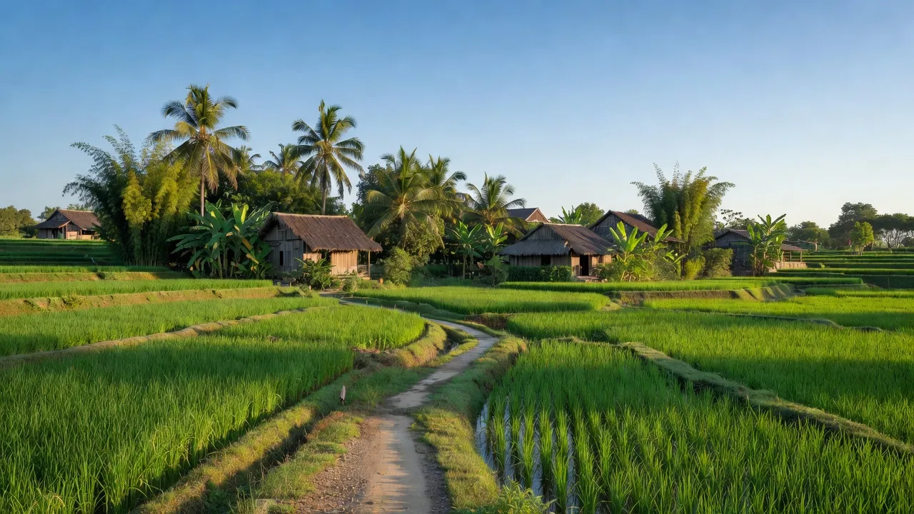 Khung cảnh yên bình ở xã Xuân Thượng, huyện Xuân Trường, tỉnh Nam Định với ruộng lúa và nhà truyền thống.