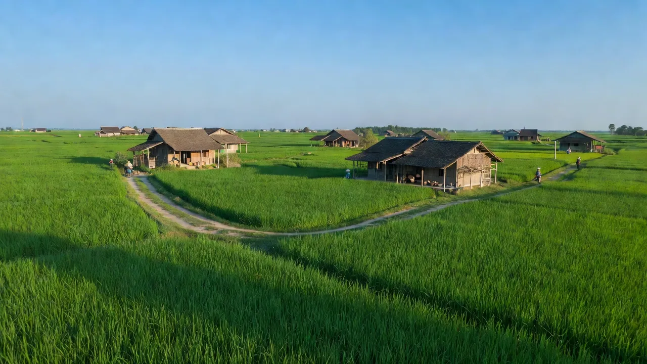 Khung cảnh nông thôn bình yên ở xã Xuân Vinh, huyện Xuân Trường, Nam Định với cánh đồng xanh.