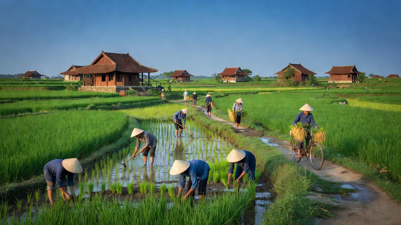 Cảnh đẹp huyện Ý Yên, Nam Định với ruộng xanh, nhà truyền thống và nông dân làm việc.