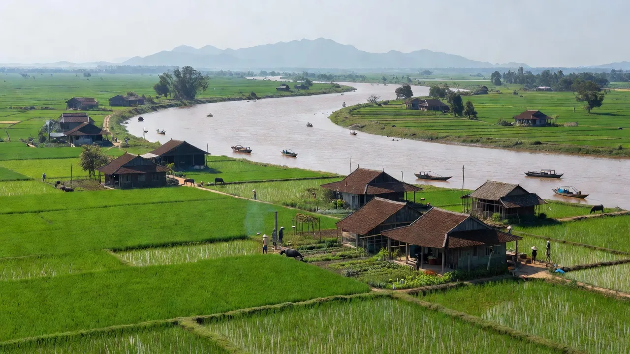 Khung cảnh huyện Ý Yên, Nam Định với cánh đồng xanh, kiến trúc truyền thống và sông Hồng.