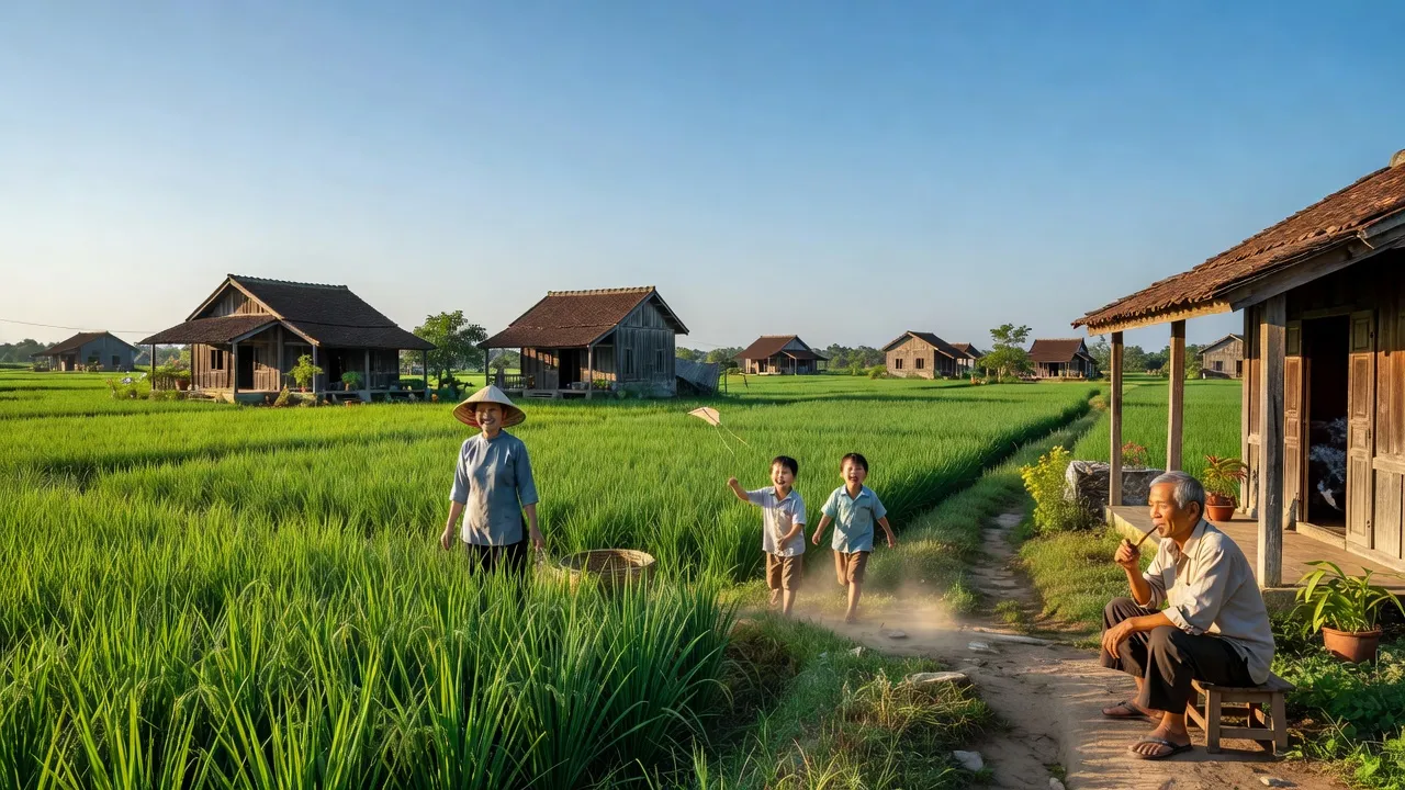 Một cảnh đẹp ở xã Hồng Quang, huyện Ý Yên, tỉnh Nam Định với cánh đồng xanh và nhà truyền thống.