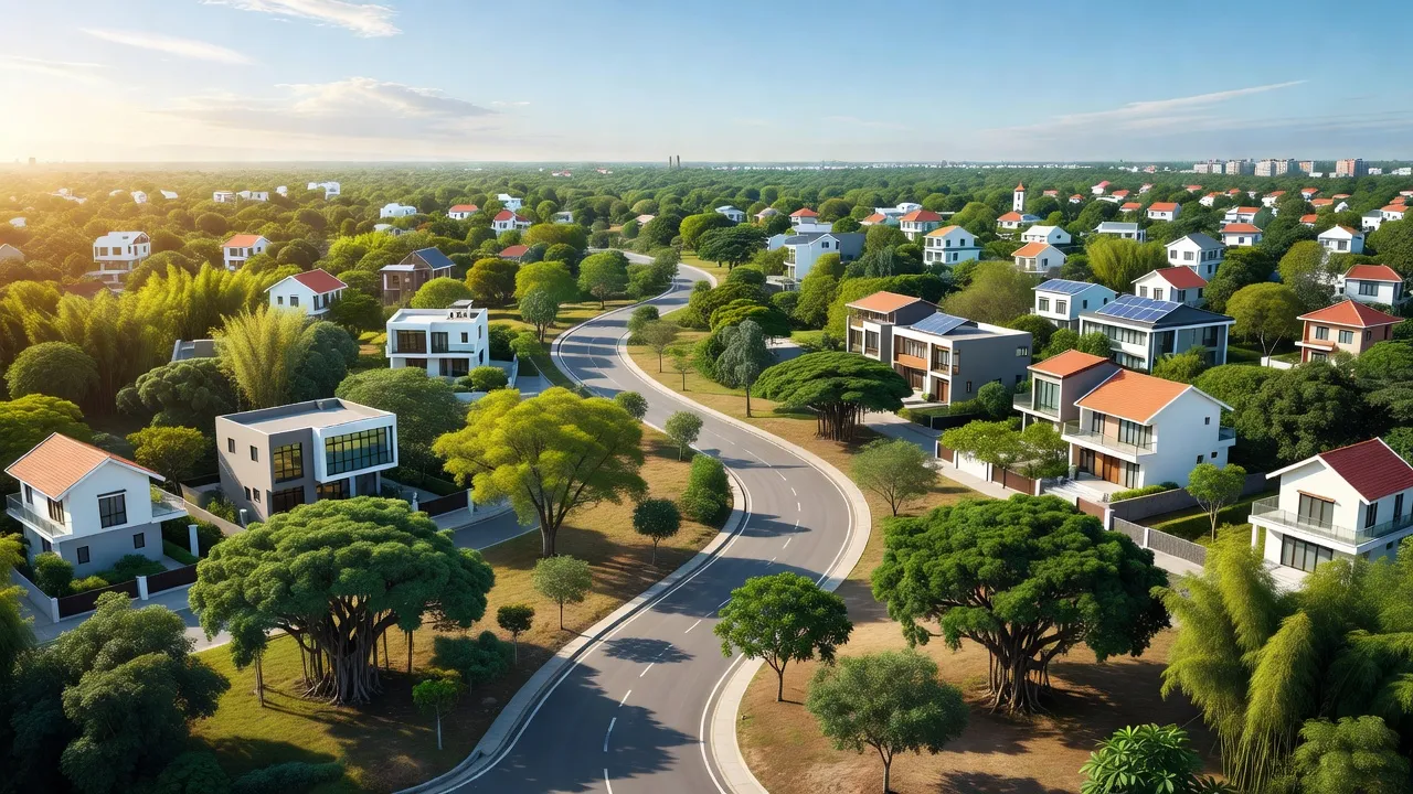 Thị trấn Lâm, huyện Ý Yên, Nam Định, cảnh quan phát triển với cây xanh và nhà hiện đại.