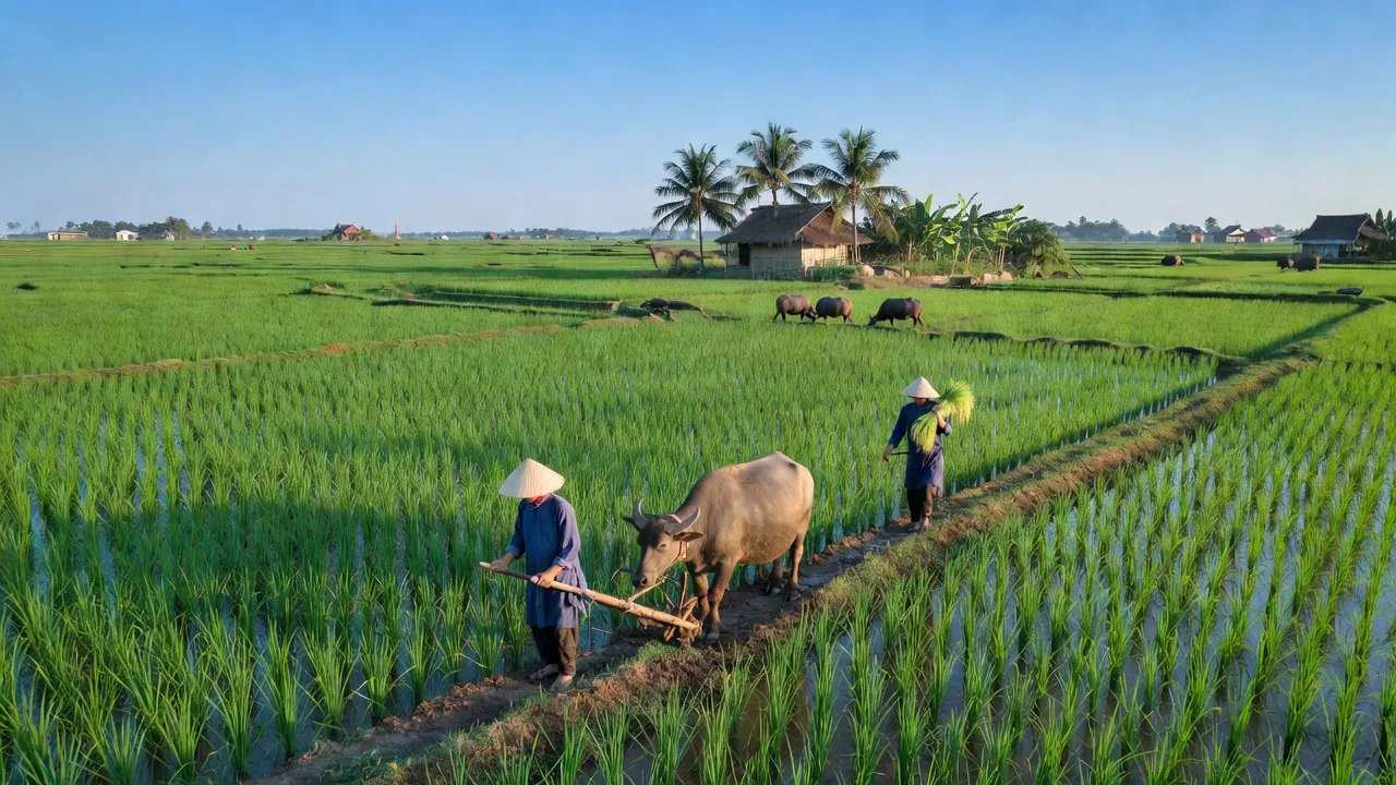 Cảnh đẹp xã Phú Hưng, huyện Ý Yên, tỉnh Nam Định với cánh đồng lúa xanh tươi và bầu trời trong xanh.