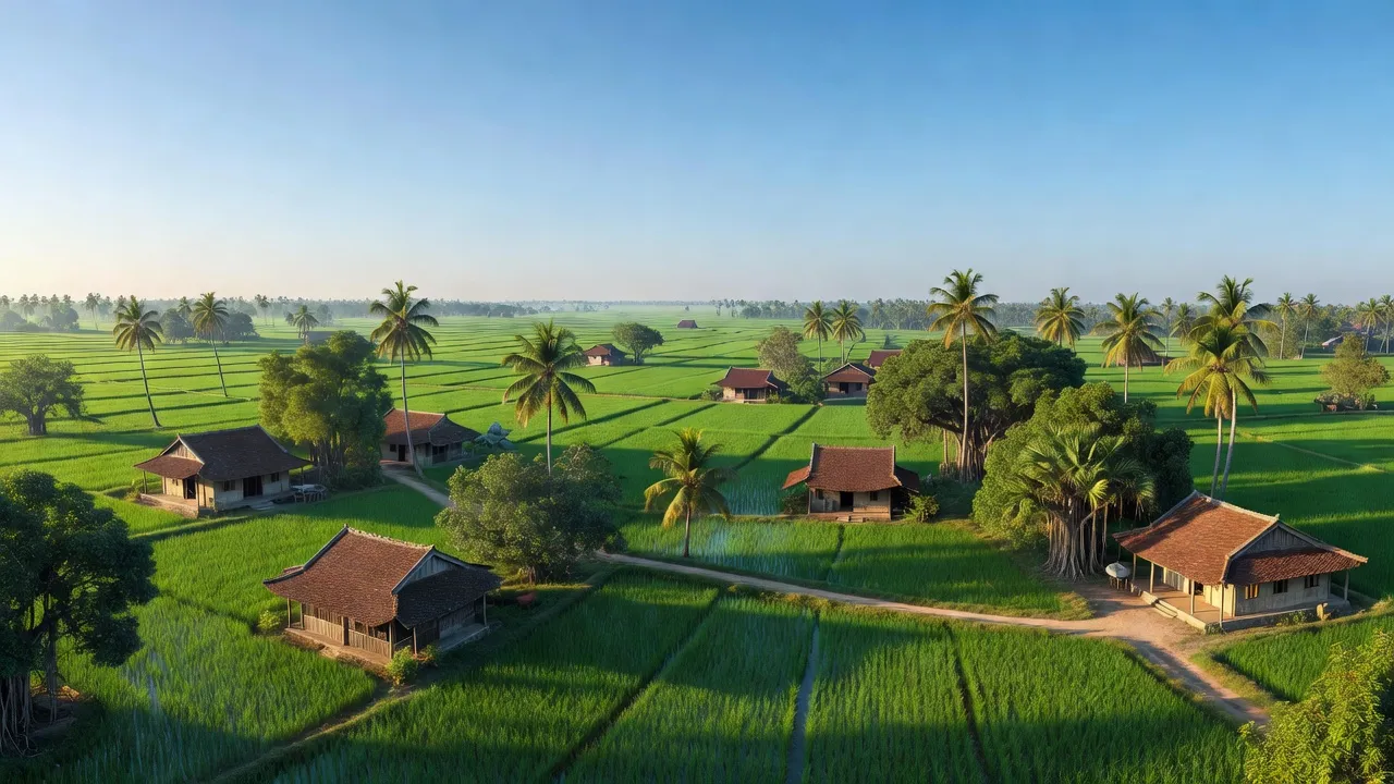 Cảnh đẹp xã Tân Minh, Ý Yên, Nam Định với cánh đồng xanh và những ngôi nhà truyền thống.