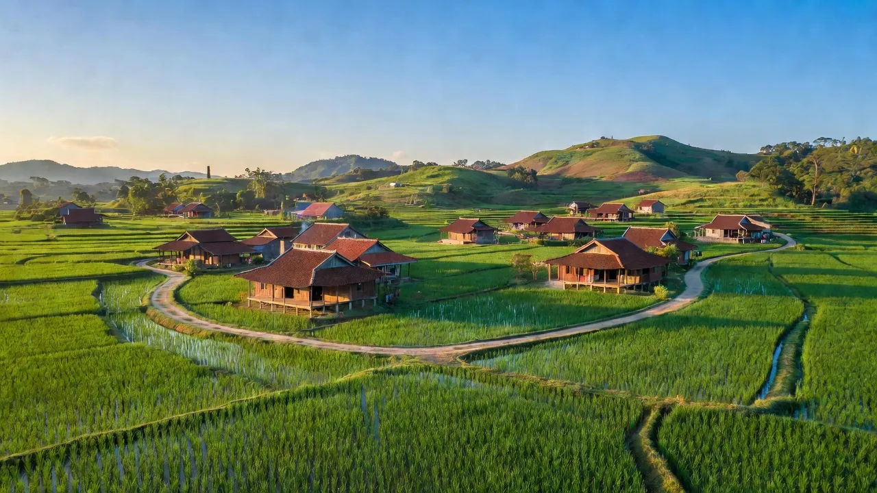 Cảnh sắc xã Tân Minh với đồng lúa xanh tươi và nhà truyền thống Việt Nam.
