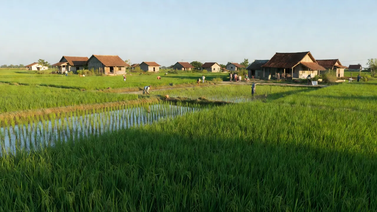 Ruộng lúa xanh tươi và làng quê tại xã Trung Nghĩa, huyện Ý Yên, tỉnh Nam Định.