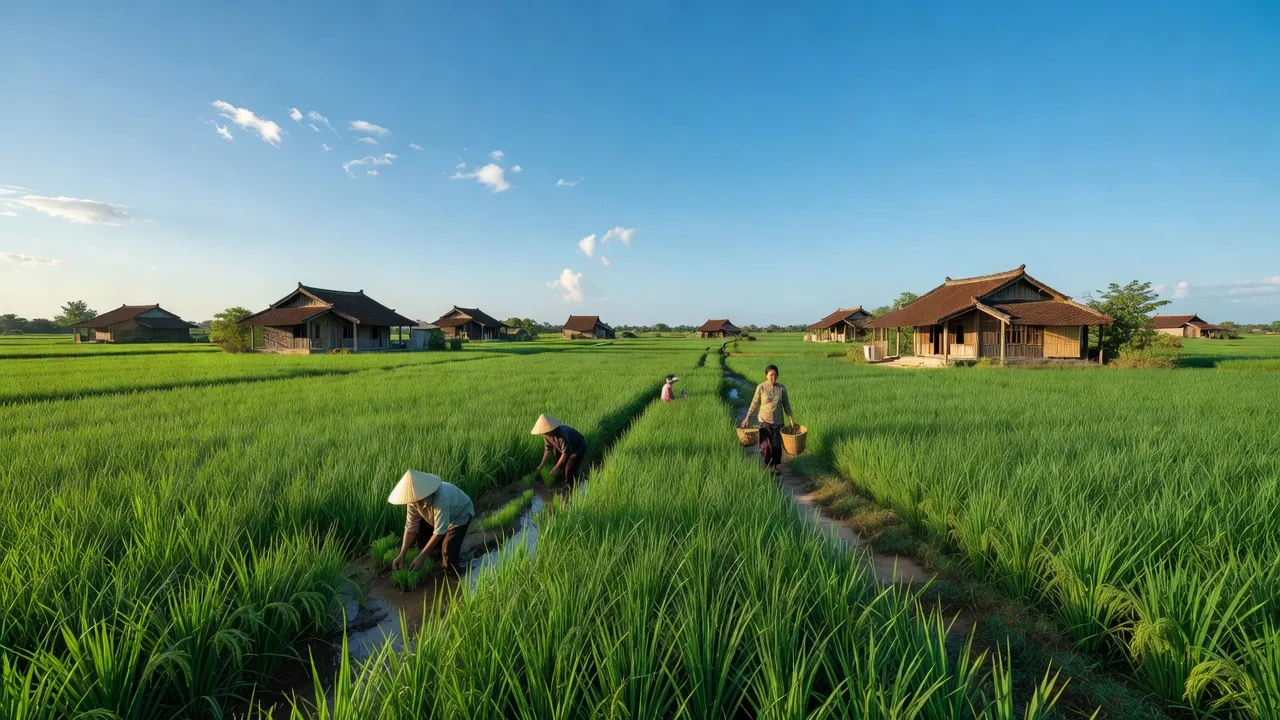 Cảnh đồng xanh Yên Bình, Ý Yên, Nam Định với nhà truyền thống, mang nét đẹp nông thôn Việt Nam.
