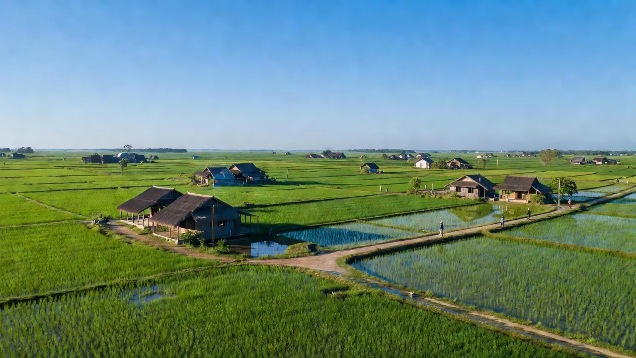 Cảnh quan tươi đẹp của xã Yên Chính, huyện Ý Yên, tỉnh Nam Định với cánh đồng xanh và nhà truyền thống.
