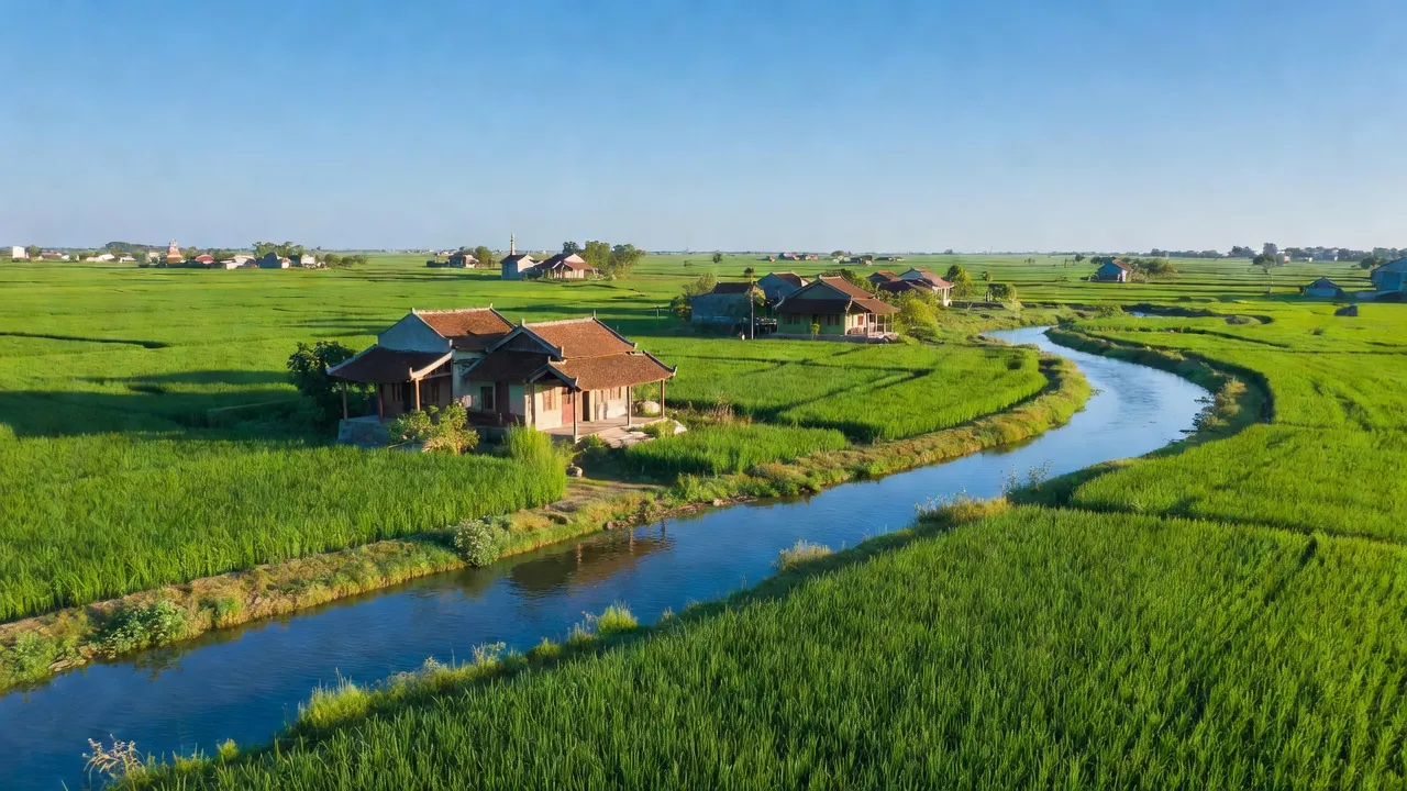 Khung cảnh Yên Cường, Huyện Ý Yên, Tỉnh Nam Định với cánh đồng xanh và nhà truyền thống.