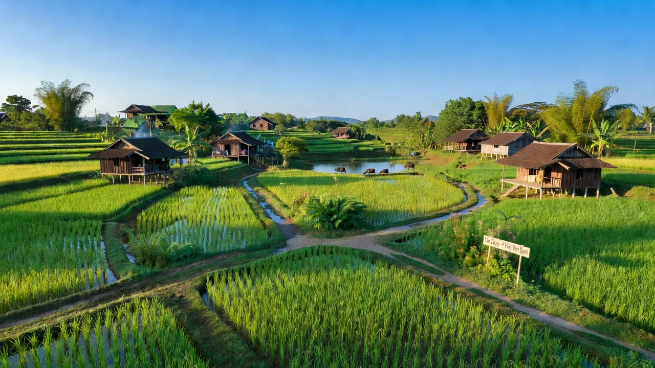 Cảnh thôn Yên Đồng, huyện Ý Yên, Nam Định với cánh đồng xanh mát và nhà truyền thống.