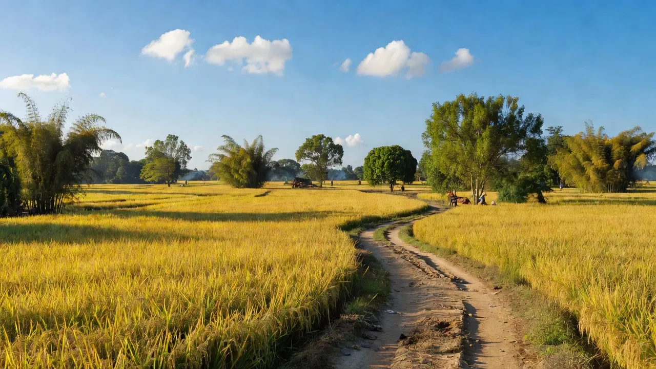 Cảnh làng quê xã Yên Dương, huyện Ý Yên, Nam Định với cánh đồng lúa và trời nắng nhẹ.