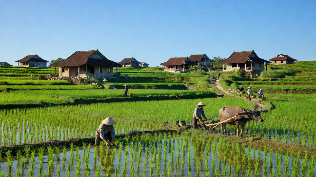 Khung cảnh yên bình của xã Yên Khang, huyện Ý Yên, tỉnh Nam Định với cánh đồng xanh.