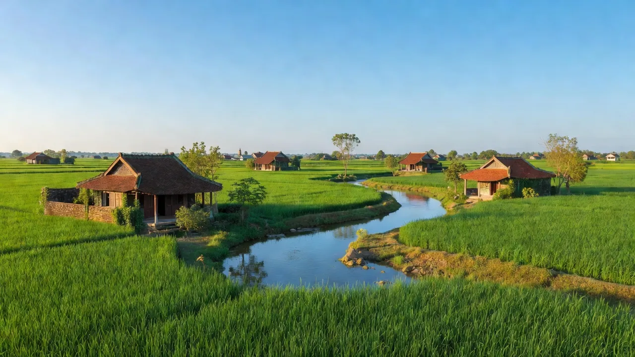 Cảnh quan xã Yên Khánh, huyện Ý Yên, tỉnh Nam Định với đồng xanh và sông uốn khúc.