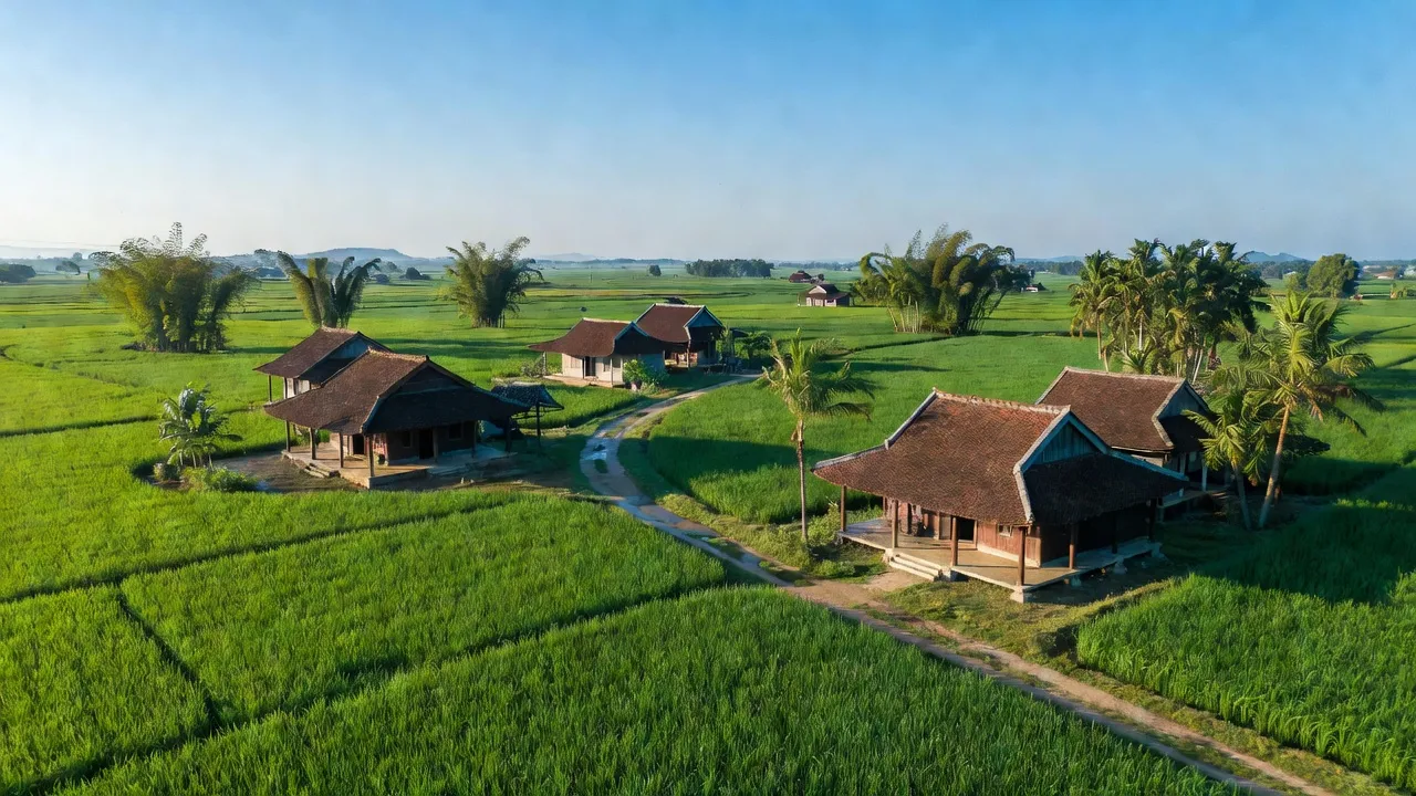 Khung cảnh yên bình xã Yên Khánh, huyện Ý Yên, tỉnh Nam Định với cánh đồng xanh tươi.