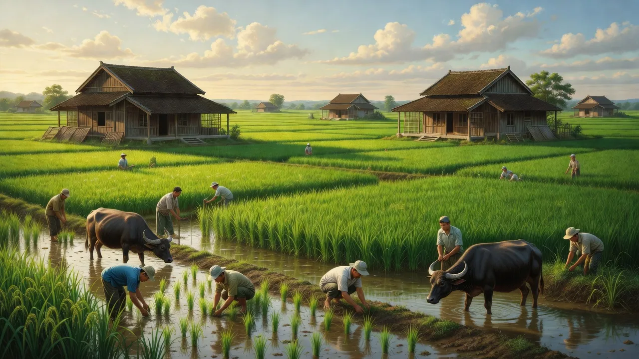 Cảnh đẹp xã Yên Lương, huyện Ý Yên, tỉnh Nam Định với cánh đồng và người dân làm nông.