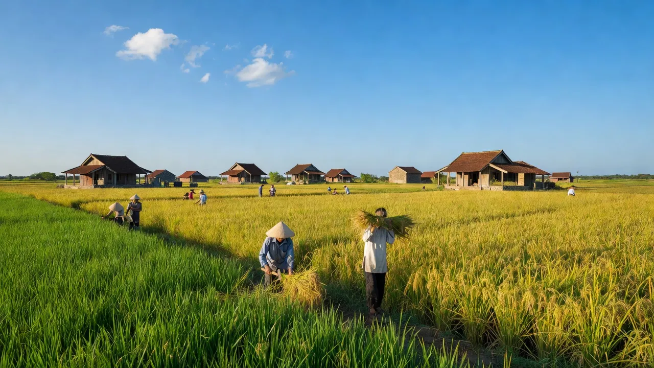 Cảnh quan xã Yên Lương, huyện Ý Yên, tỉnh Nam Định với đồng ruộng và hoạt động nông nghiệp.