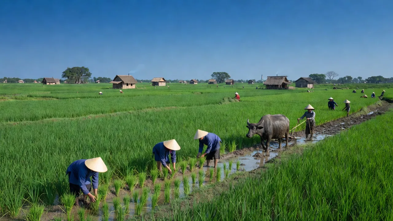 Cảnh quan xanh tươi của xã Yên Mỹ, huyện Ý Yên, tỉnh Nam Định với đồng lúa truyền thống.