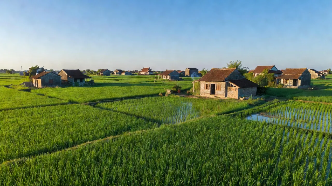 Khung cảnh xã Yên Ninh, huyện Ý Yên, tỉnh Nam Định với cánh đồng lúa bát ngát và nhà truyền thống.