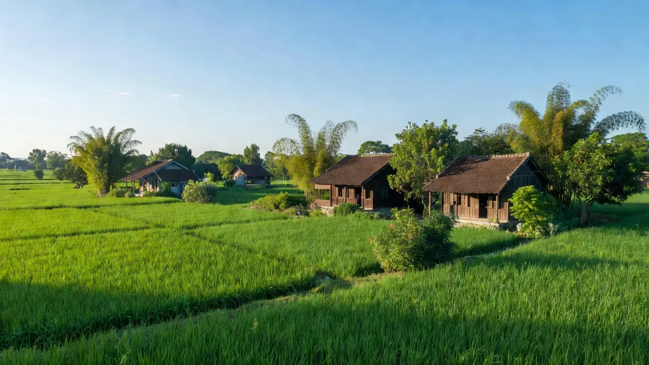 Cảnh quan yên bình xã Yên Phong, huyện Ý Yên, tỉnh Nam Định với cánh đồng và nhà truyền thống.