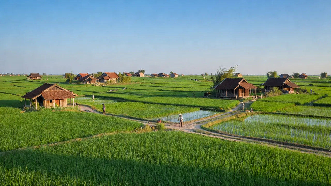 Cảnh quan Yên Thắng, huyện Ý Yên, tỉnh Nam Định với cánh đồng xanh và nhà truyền thống.