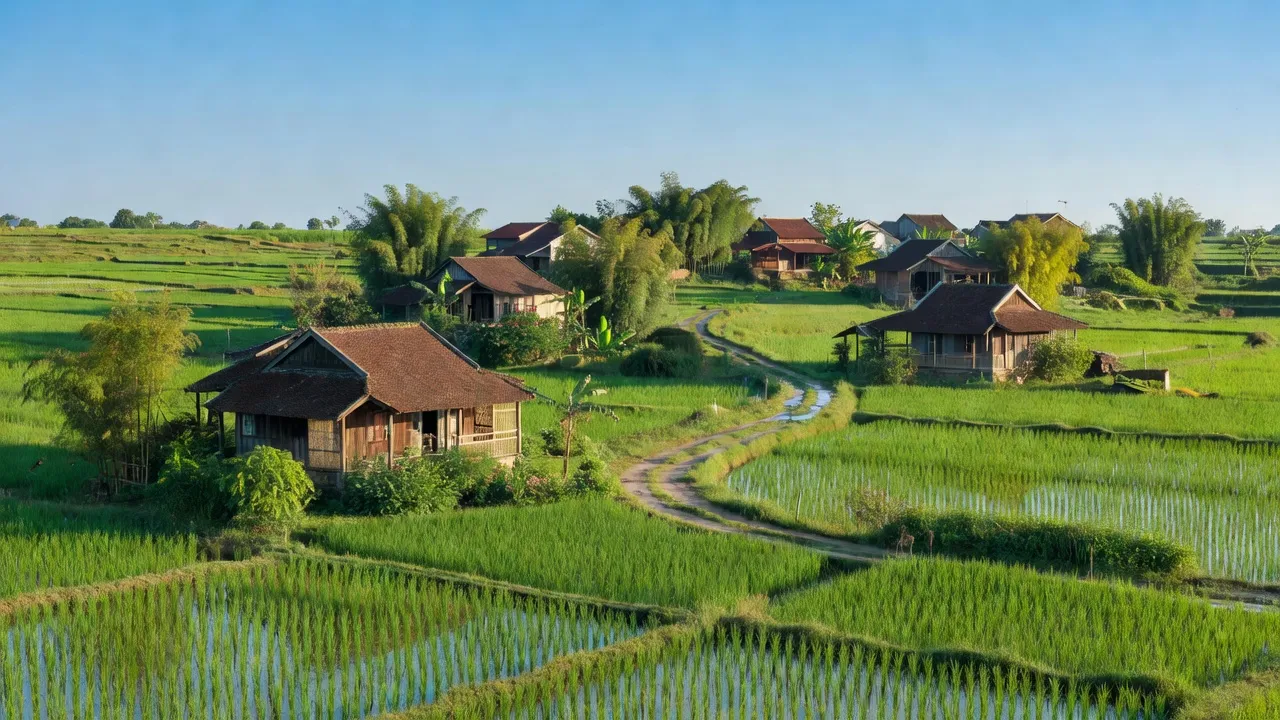 Cảnh đẹp xã Yên Thọ, huyện Ý Yên, tỉnh Nam Định với cánh đồng xanh và nhà truyền thống.