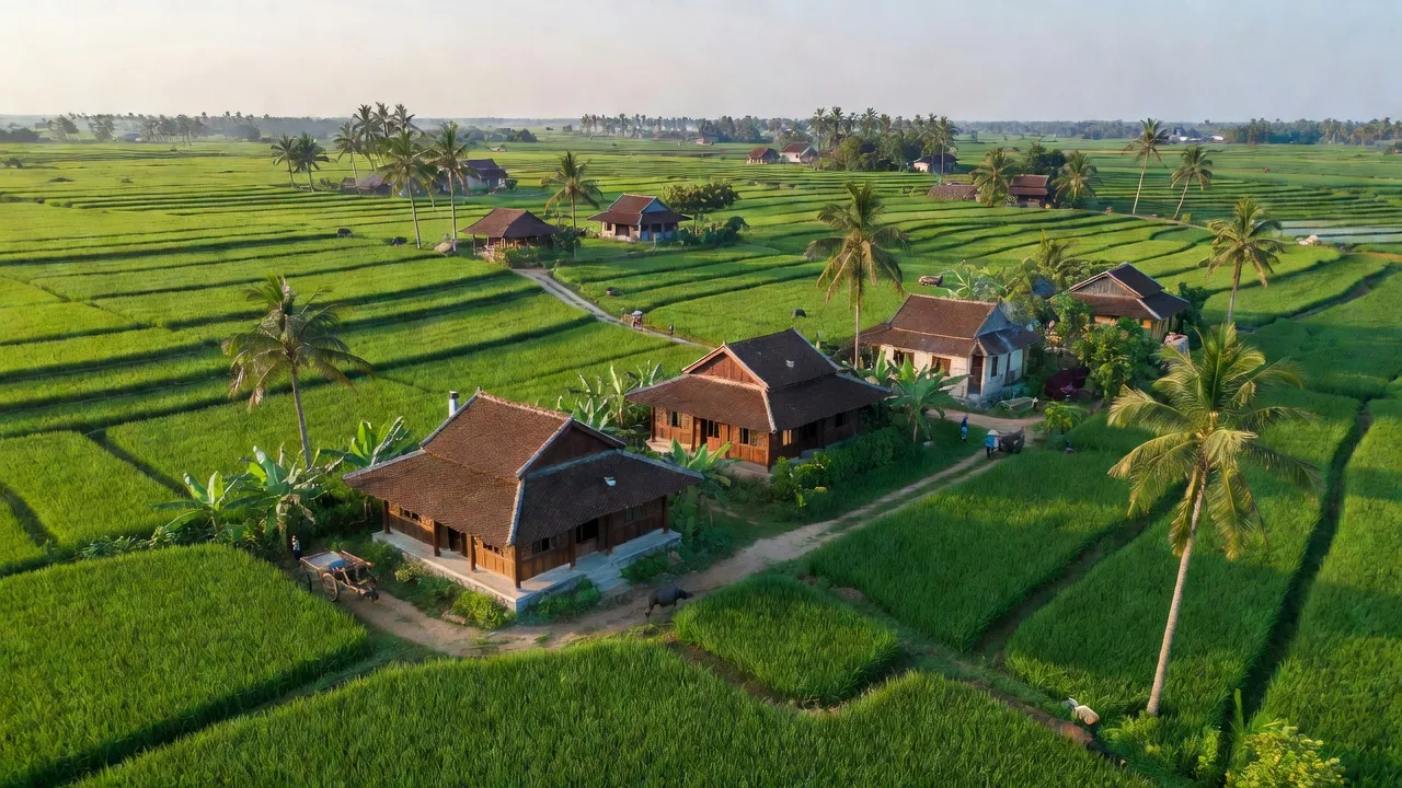 Cảnh đồng lúa và nhà truyền thống tại xã Yên Tiến, huyện Ý Yên, tỉnh Nam Định.
