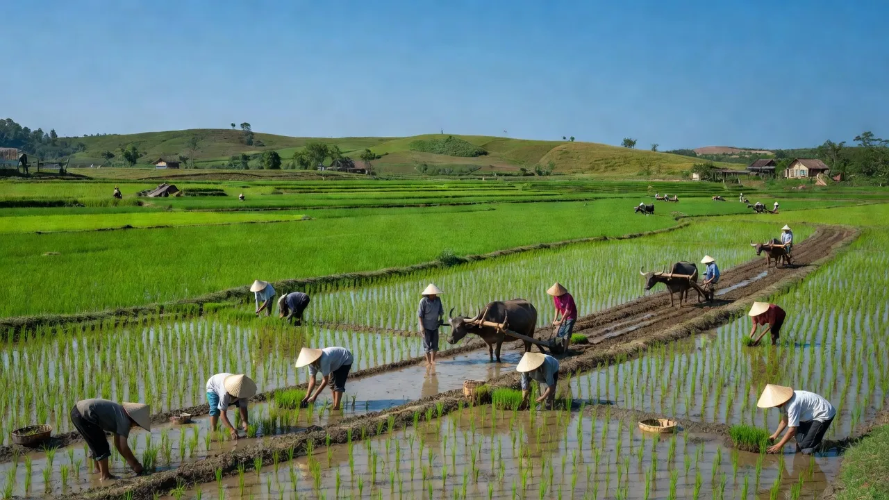 Cảnh quan xã Yên Tiến, huyện Ý Yên, tỉnh Nam Định với cánh đồng xanh và nông dân làm việc.