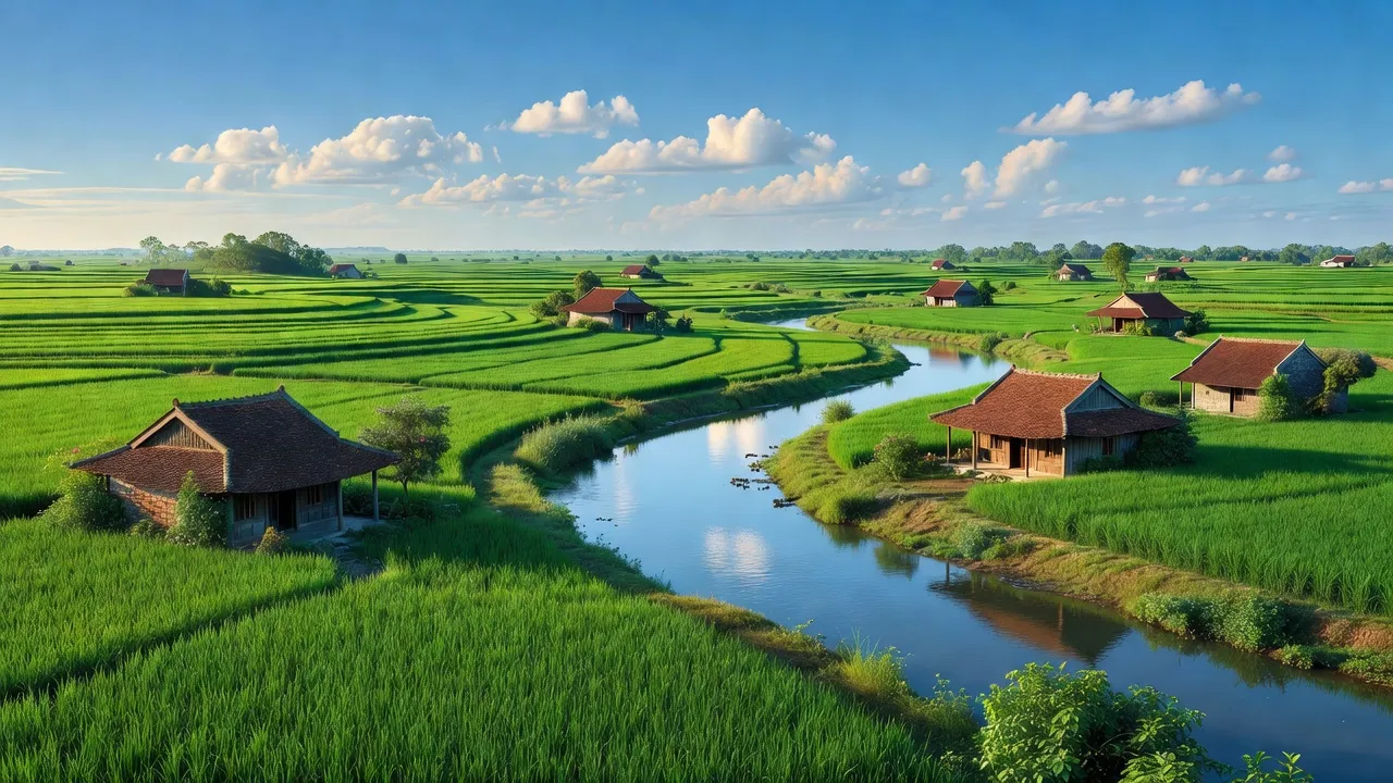Khung cảnh Xã Yên Trị, huyện Ý Yên, tỉnh Nam Định với cánh đồng xanh và nhà truyền thống.