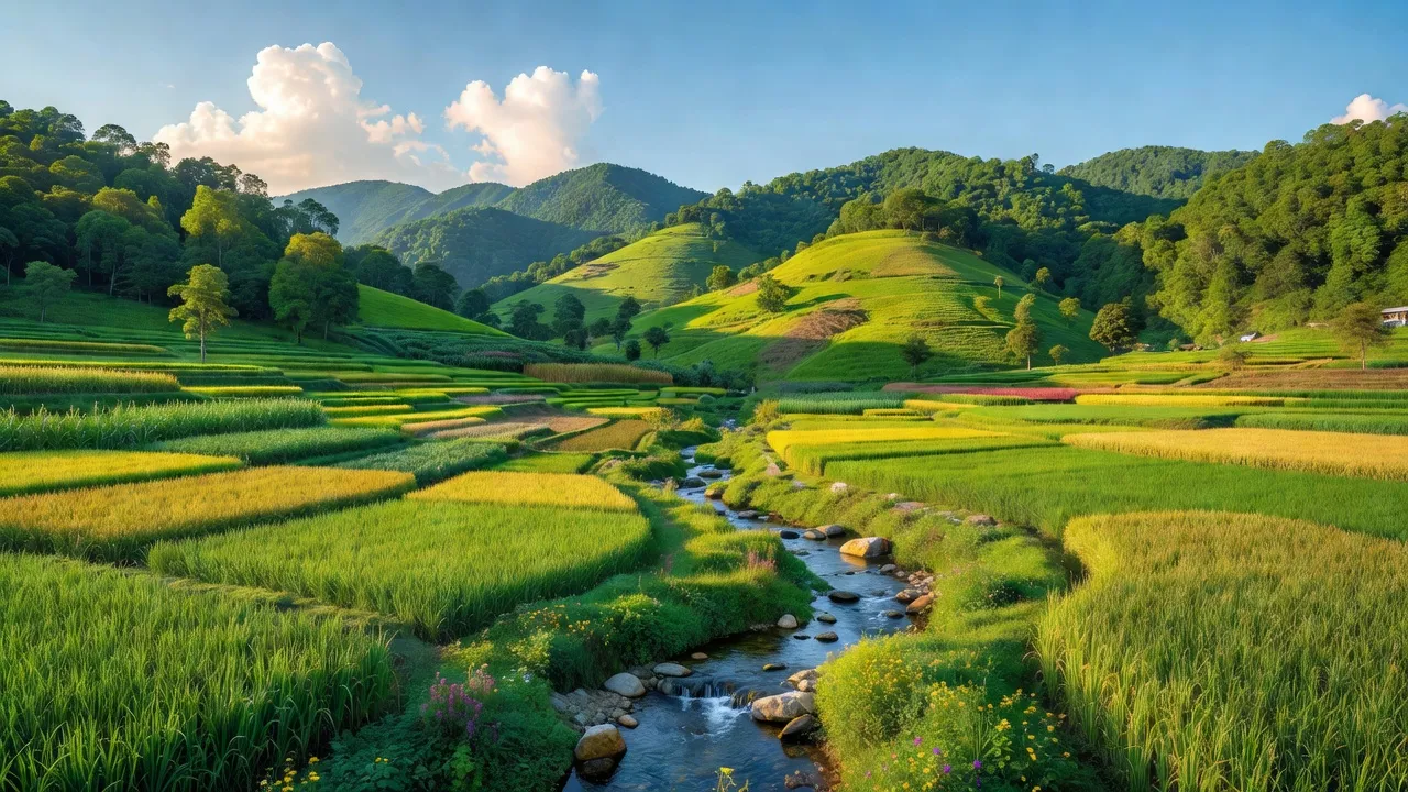 Khung cảnh huyện Anh Sơn, Nghệ An với đồi núi xanh và cánh đồng nông nghiệp, thời tiết đẹp.