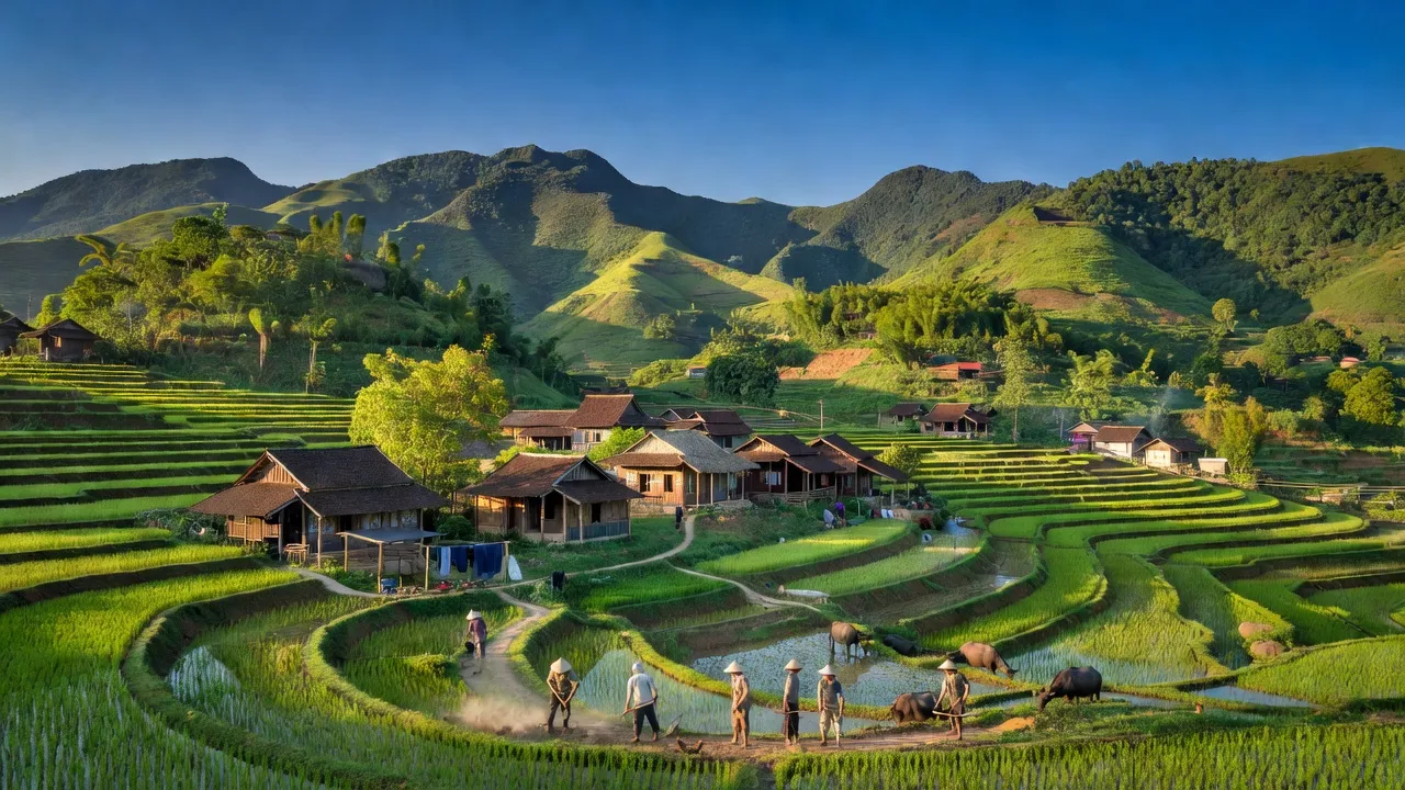 Khung cảnh huyện Anh Sơn, Nghệ An với núi non xanh tươi và các cánh đồng truyền thống.