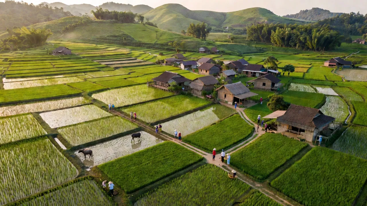 Bình Sơn, Anh Sơn, Nghệ An village with rice fields and green hills, rural life scenery.