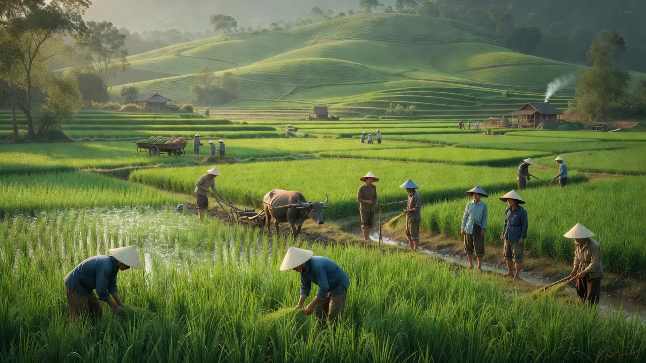 Cảnh đẹp xã Bình Sơn, Huyện Anh Sơn, Nghệ An với cánh đồng xanh và núi non hùng vĩ.