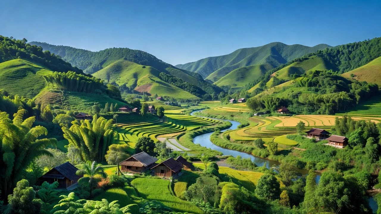 Cảnh sắc thiên nhiên xã Cẩm Sơn, huyện Anh Sơn, tỉnh Nghệ An với núi xanh, sông suối, và ruộng đồng.