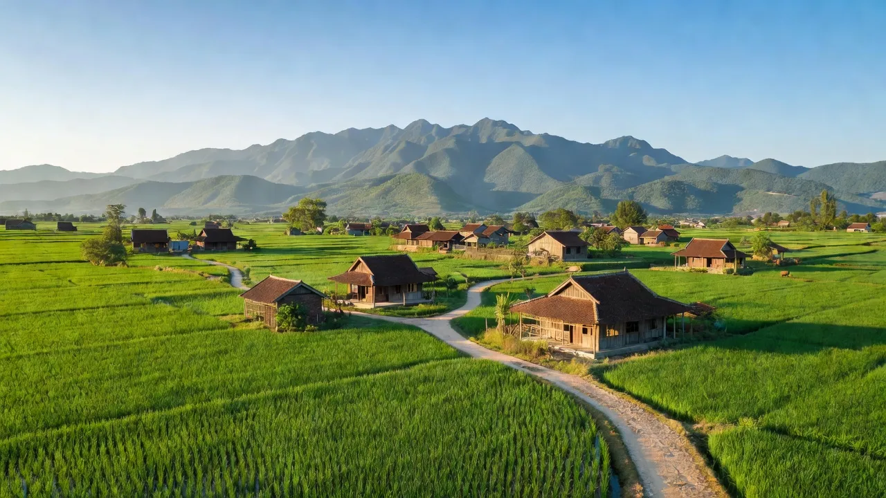 Cảnh đẹp xã Đức Sơn ở huyện Anh Sơn, Nghệ An với cánh đồng xanh và nhà truyền thống.