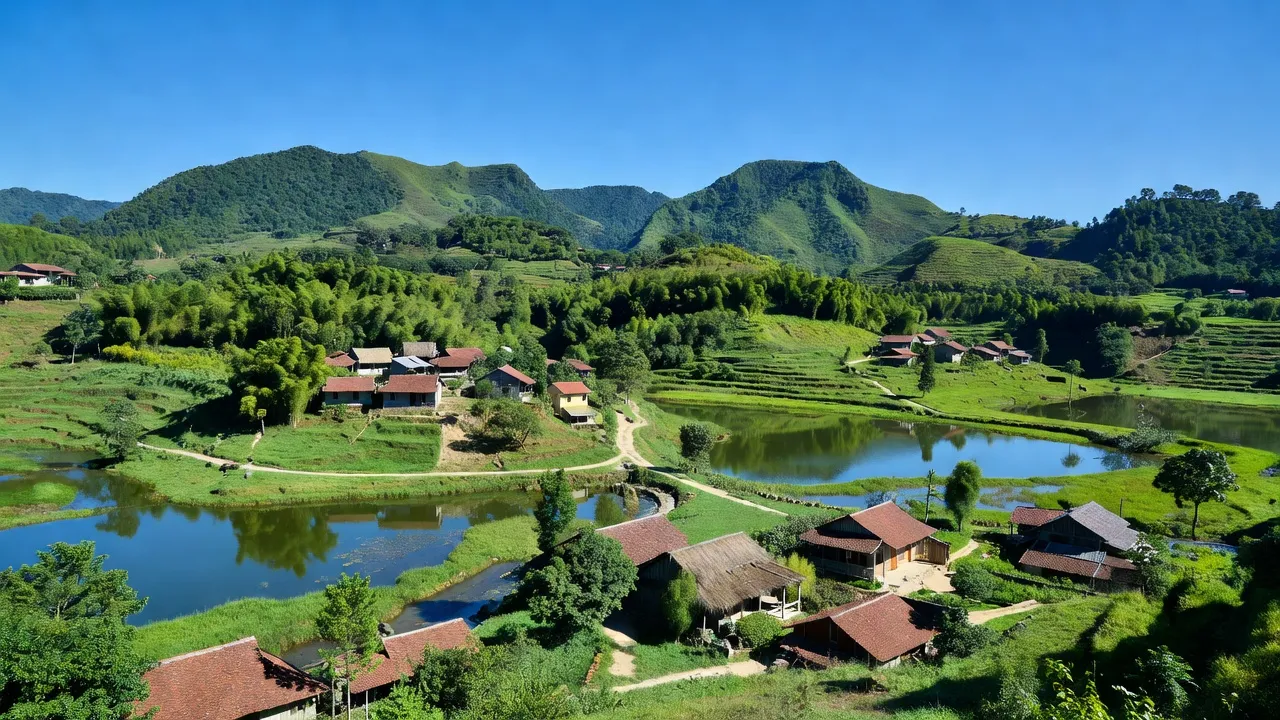 Cảnh đẹp xã Hoa Sơn, huyện Anh Sơn, Nghệ An với núi xanh và ao hồ trong trẻo.