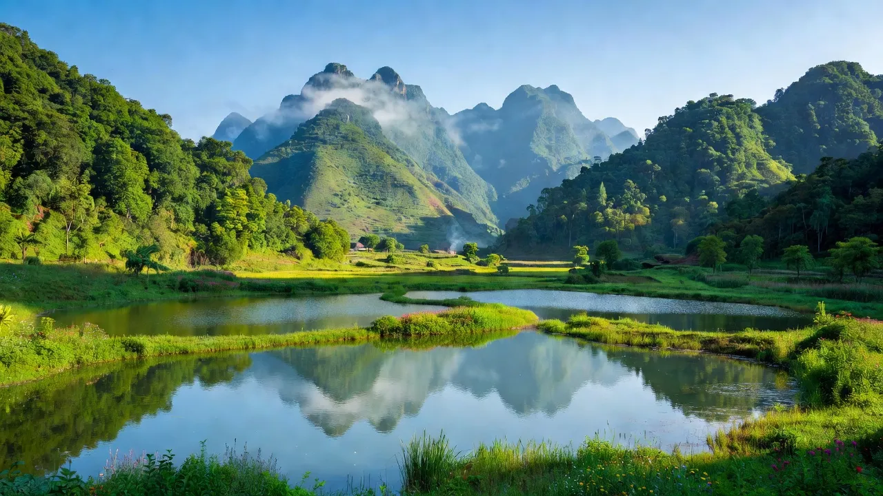 Cảnh sắc thiên nhiên xã Hoa Sơn, huyện Anh Sơn, Nghệ An với núi non và mặt nước trong xanh.