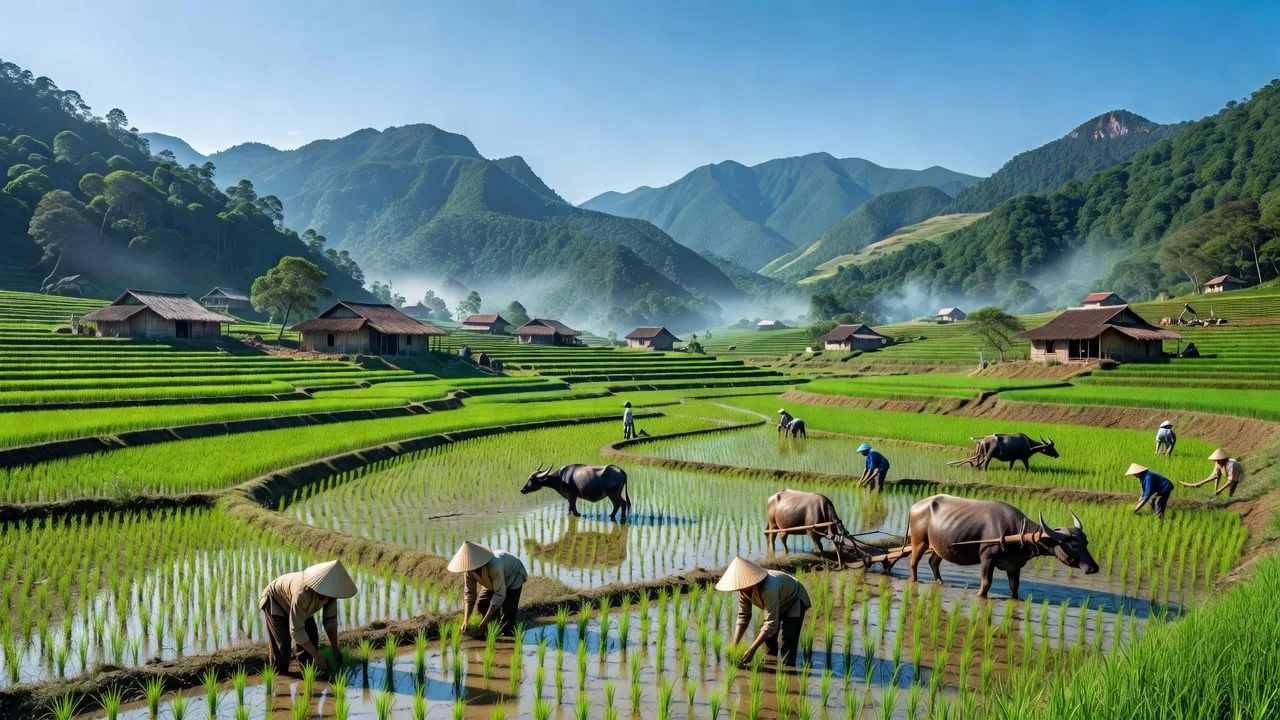 Cảnh quan xã Hội Sơn, Huyện Anh Sơn, Tỉnh Nghệ An với ruộng đồng xanh tươi và đời sống nông nghiệp.