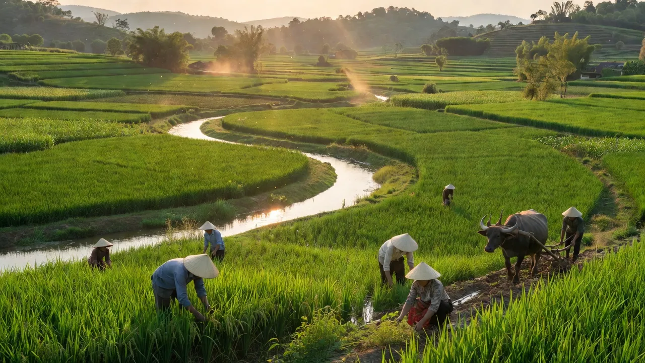 Khung cảnh nông nghiệp xanh tại xã Hùng Sơn, huyện Anh Sơn, tỉnh Nghệ An với sông Lam và ánh nắng.