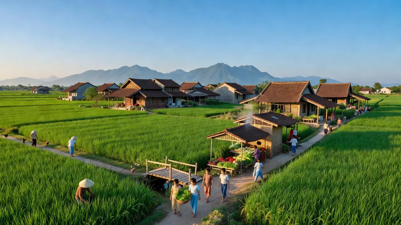 Thị trấn Kim Nhan, huyện Anh Sơn, Nghệ An với cảnh quan thiên nhiên tươi đẹp và cuộc sống địa phương sôi động.