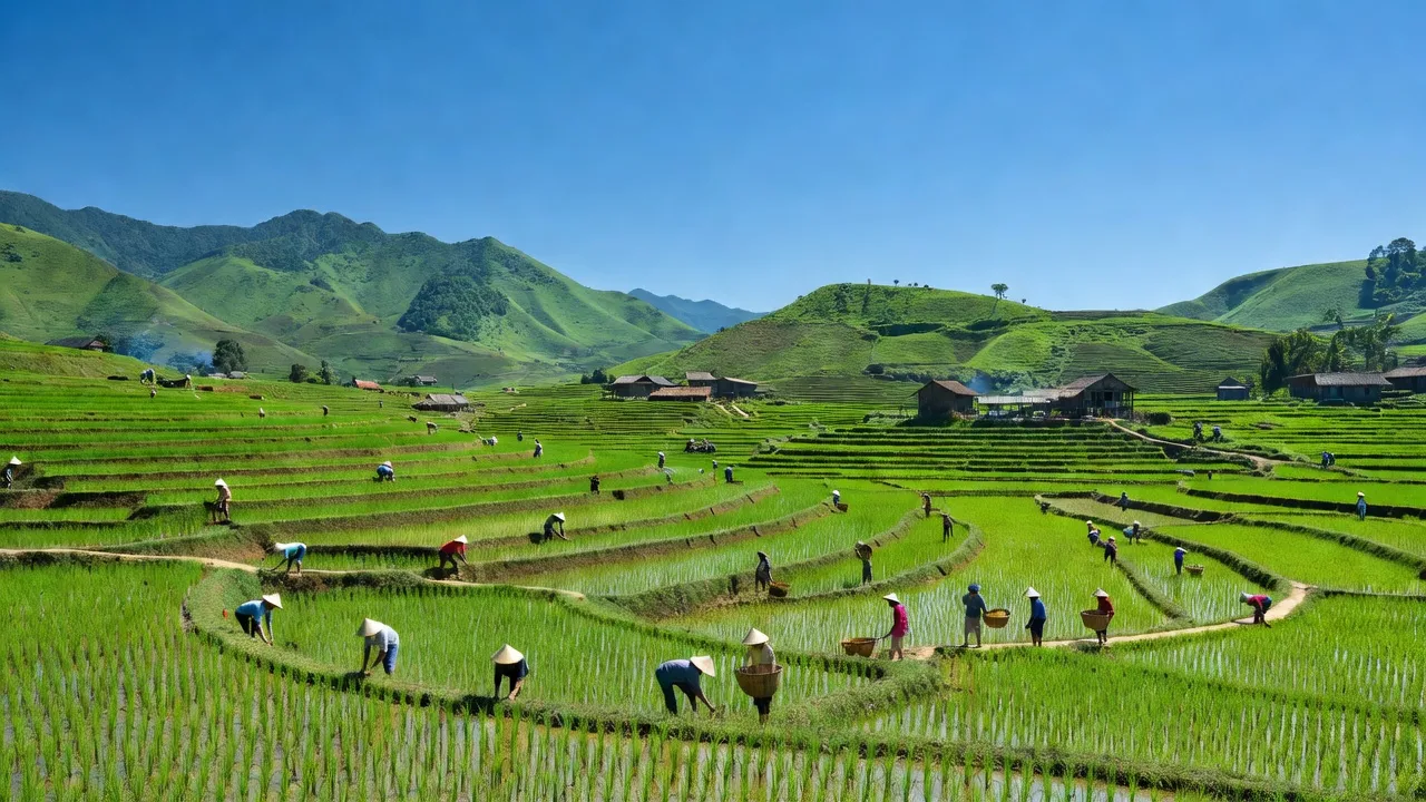 Cảnh quan xã Lạng Sơn, Anh Sơn, Nghệ An với núi non và ruộng bậc thang xanh tươi.