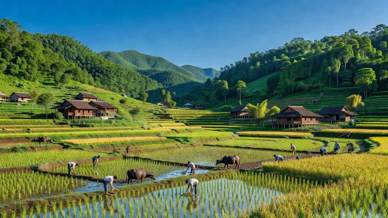 Cảnh đẹp xã Lĩnh Sơn, huyện Anh Sơn, Nghệ An với núi xanh và ruộng lúa.