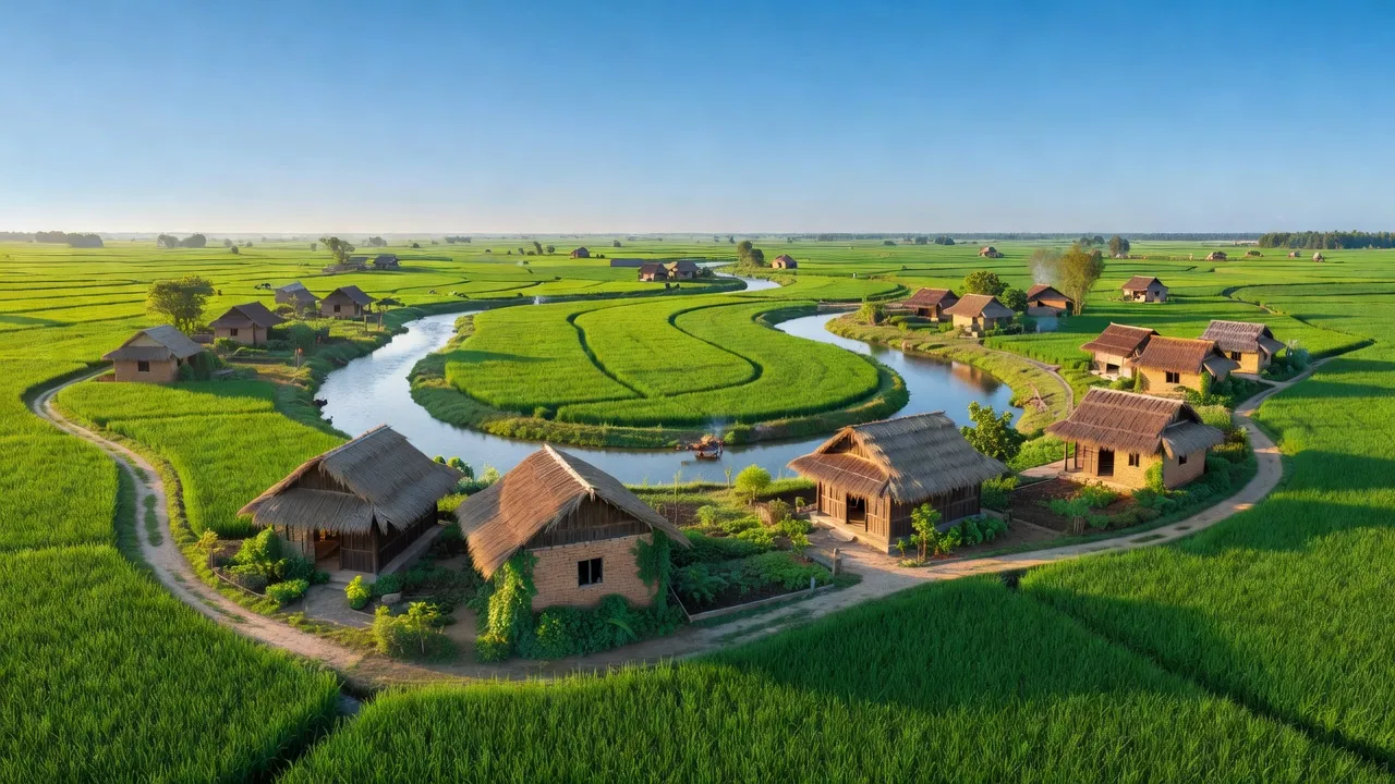 Cảnh đẹp xã Long Sơn huyện Anh Sơn tỉnh Nghệ An với ruộng xanh, sông Lam, và nhà truyền thống.