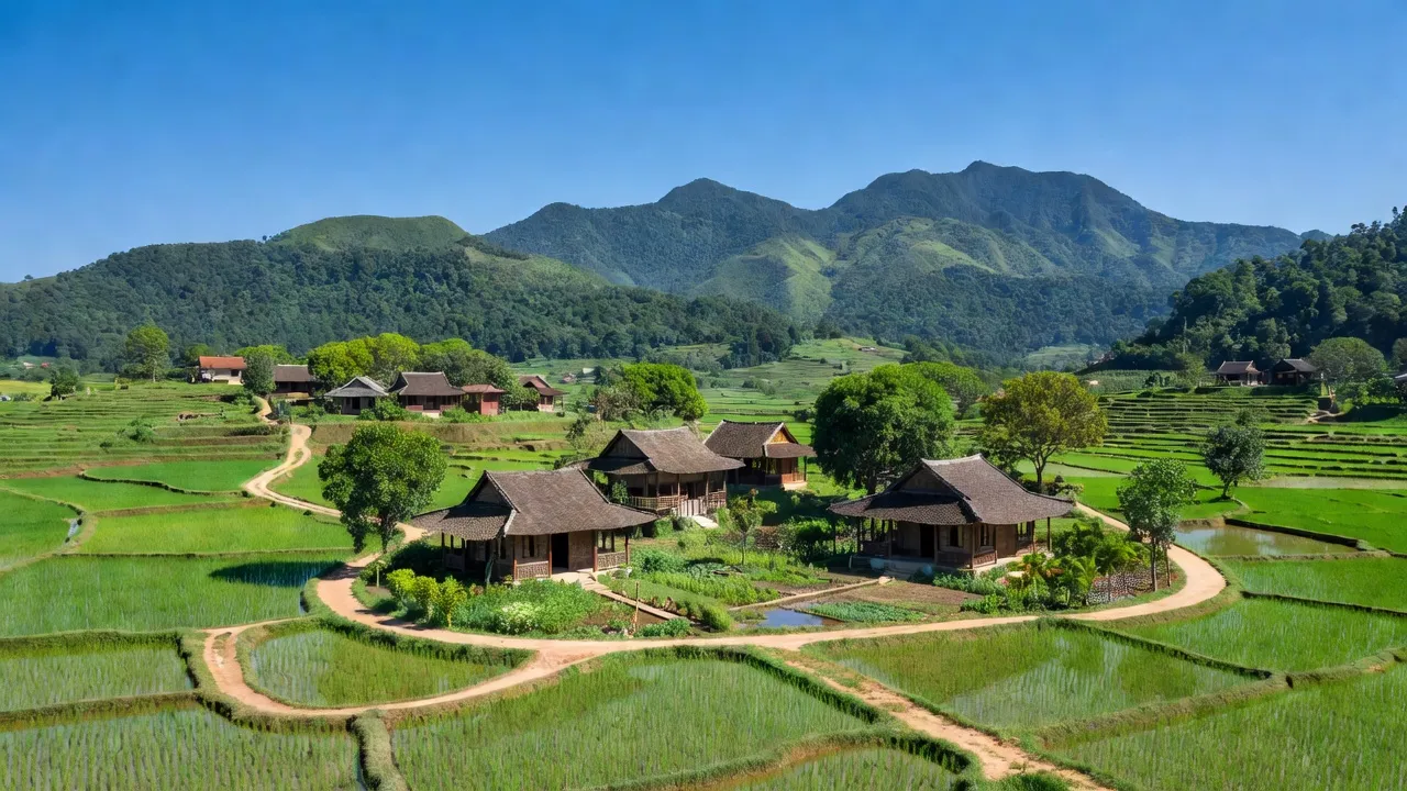 Cảnh sắc thiên nhiên xã Phúc Sơn, huyện Anh Sơn, tỉnh Nghệ An với phong cảnh và nhà truyền thống.