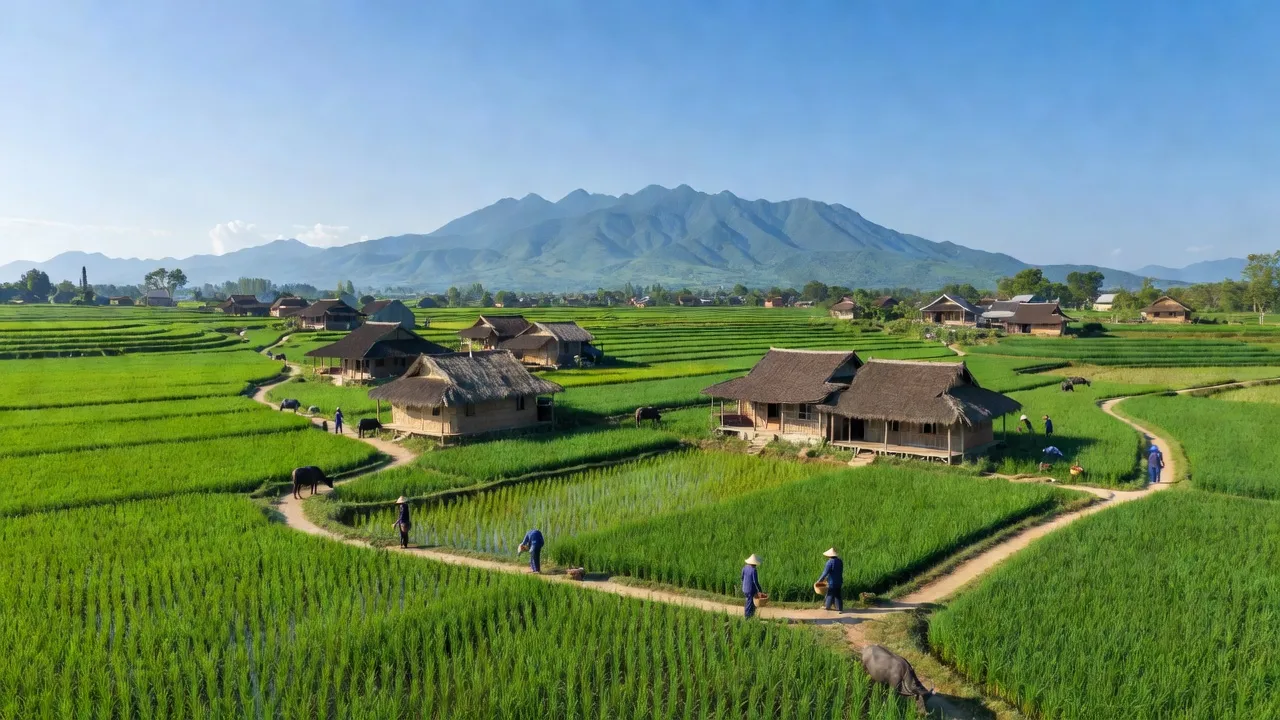 Cảnh đẹp xã Tam Đỉnh, huyện Anh Sơn, tỉnh Nghệ An với ruộng xanh và nhà truyền thống.