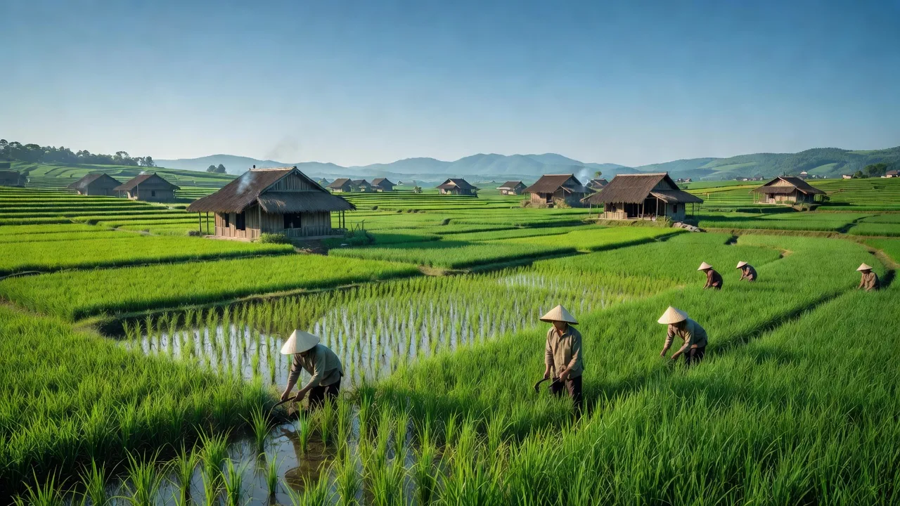 Cảnh quan yên bình xã Tam Đỉnh, huyện Anh Sơn, tỉnh Nghệ An với đồng lúa xanh tươi và nhà truyền thống.
